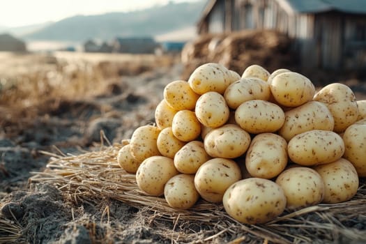 Pile of fresh organic potatoes is lying on the ground in a field, ready for harvest