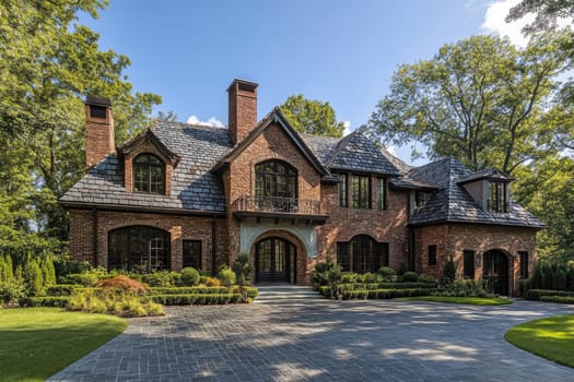 Large brick home with a slate roof and a landscaped yard is shown on a sunny day