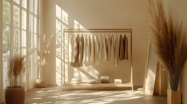 Sunlight streaming through a window illuminates a minimalist walk-in closet with clothes neatly organized on a rack and shelves