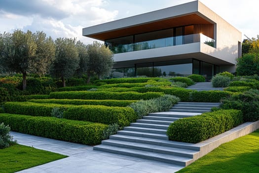 Modern house with a lush garden featuring stone stairs and geometrically trimmed hedges