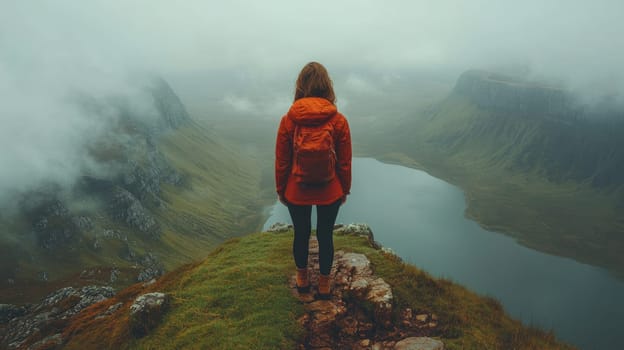 Hiker is enjoying the view from a mountain top on a foggy day