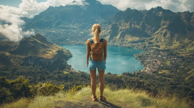 Female hiker is standing on the edge of a cliff and enjoying the view of a mountain lake on a sunny day