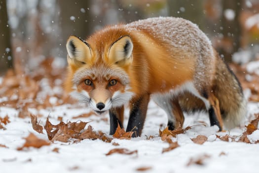 Red fox is walking through the snow covered forest looking for something to eat