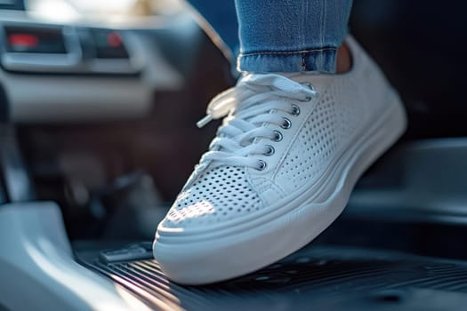 Woman wearing white sneaker is pushing car pedal with right foot