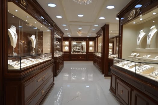 Nobody in an elegant jewelry store with glass display cases presenting luxury necklaces for sale