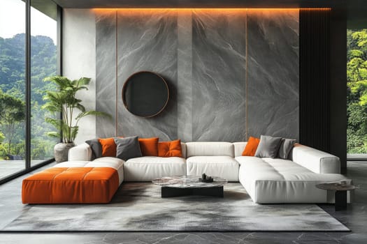 Modern living room interior showing a large white sofa with orange cushions and a forest view