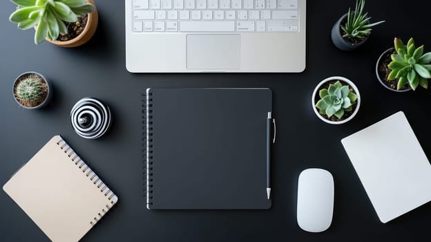 Top view of workspace with laptop, notebook and plants on black table background in office