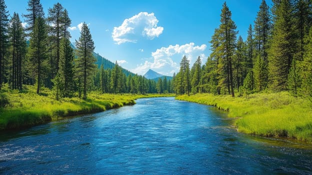 Calm river flowing through a lush green forest on a sunny summer day