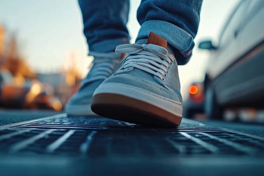Man is walking down a city street at sunset, wearing blue sneakers