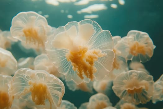 Many moon jellyfish with translucent bells and visible internal structures are swimming in dark turquoise water