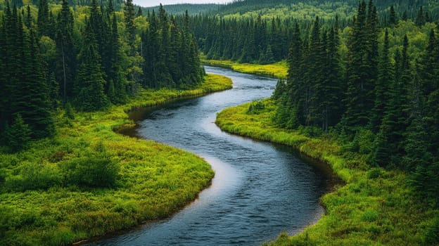 Picturesque river is winding through a vibrant green forest, showcasing the untouched beauty of nature