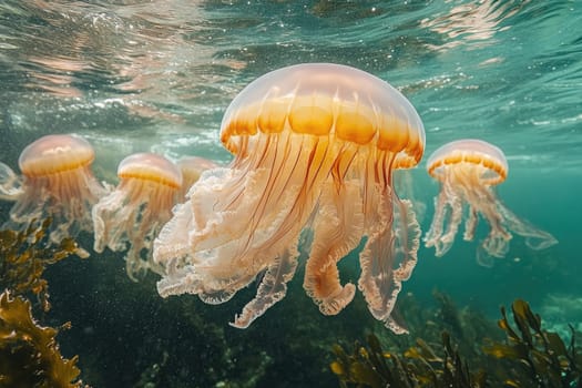 Orange jellyfish swimming in green ocean water near the surface