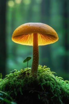 Glowing mushroom is growing on a bed of moss in a forest