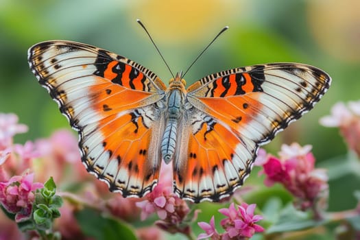 Beautiful butterfly with open orange black and white wings sits on pink flowers