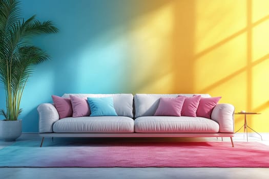 Modern living room interior with sofa and tropical plant featuring a blue and yellow wall