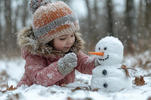 Little girl lying in the snow is making a snowman in a snowy forest