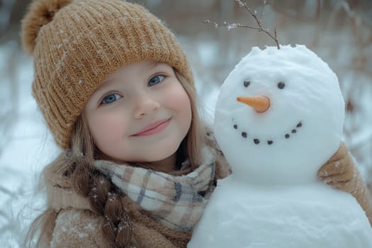 Little girl is hugging a snowman in a snowy forest