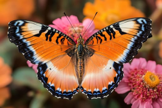 Beautiful orange, black, and white leopard lacewing butterfly is spreading its wings while sitting on a flower