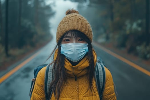 Young woman is taking a hike in nature while wearing a face mask