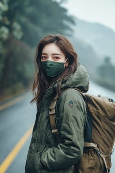 Young woman is taking a hike in nature while wearing a face mask