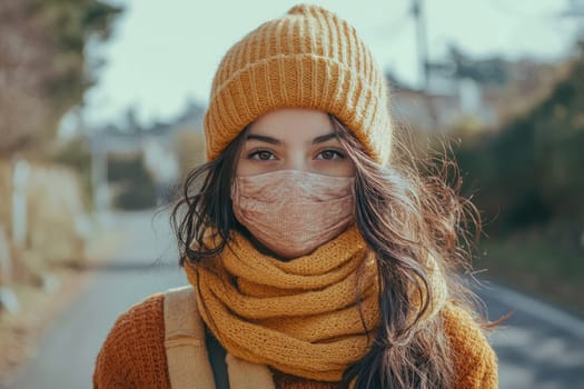 Young woman wearing warm clothes and a protective face mask standing outdoors in the city on a cold autumn day