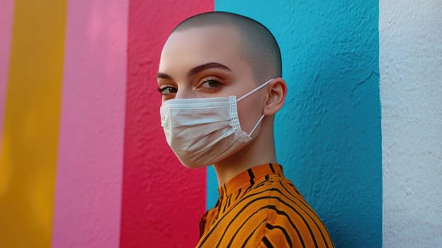 Young woman with shaved head wearing a protective face mask and looking aside by a colorful wall
