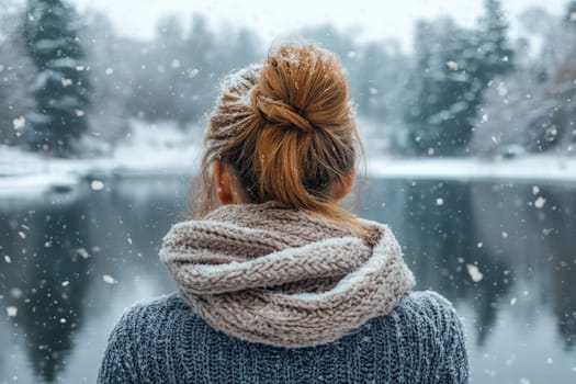 Woman is admiring a snowy landscape by a frozen lake in the forest