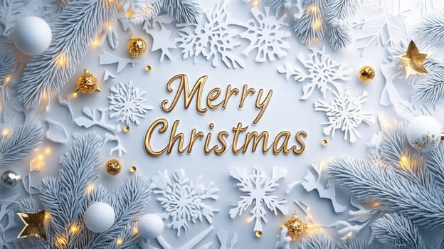 Festive design featuring the words merry christmas surrounded by white and gold christmas ornaments