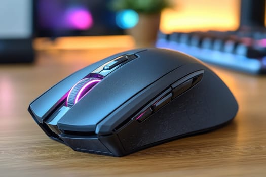 Modern, ergonomic gaming mouse with programmable buttons is resting on a wooden desk, glowing with purple rgb lighting