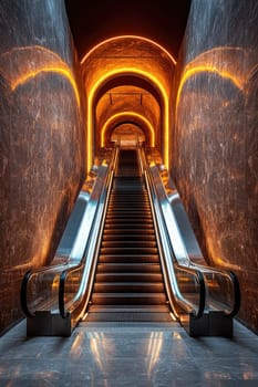 Modern escalator is transporting people to an unknown underground destination illuminated with warm lights