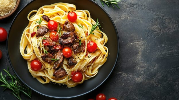 Fettuccine pasta with chicken and mushrooms is seasoned with pepper and garnished with parsley