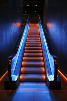 Empty escalator illuminated with blue and orange lights