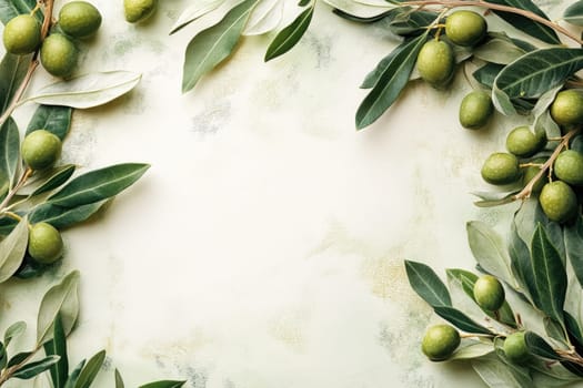 Watercolor olive branches with green leaves are creating a border on a parchment background