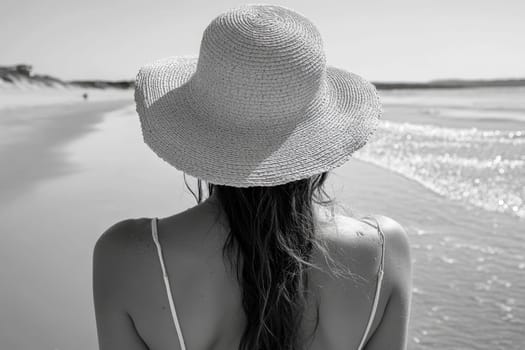 Rear view of a young woman with long hair wearing a straw hat standing on a beach