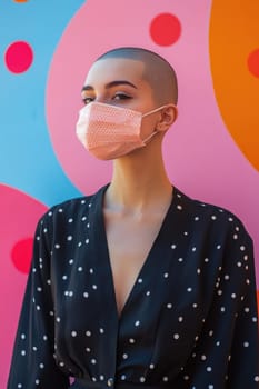 Young woman with a shaved head is wearing a protective face mask and looking into the distance