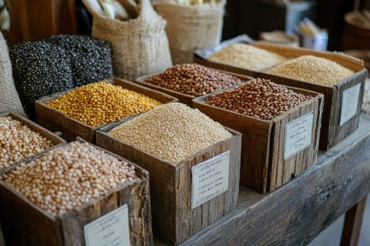 Colorful grains and legumes are displayed in rustic wooden crates at a farmers market