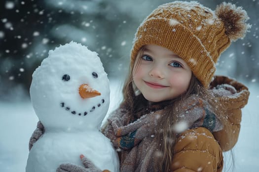 Smiling girl is hugging a snowman while snowflakes are falling on them in a winter forest