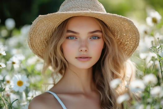 Beautiful young woman with blue eyes is posing in a field of daisies while wearing a straw hat on a sunny summer day
