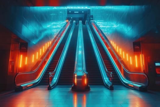Modern building interior with three empty escalators illuminated in blue and orange neon lights