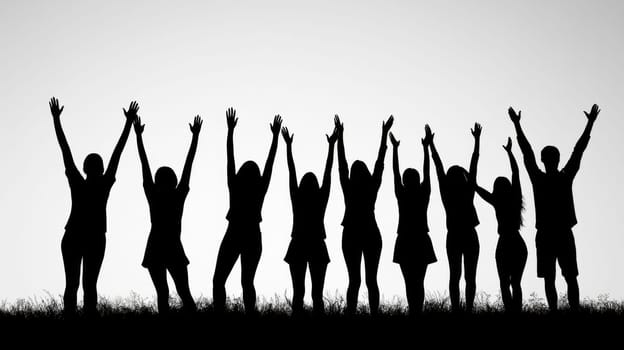 Silhouettes of a group of people raising their arms in the air