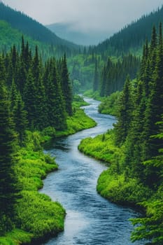 Breathtaking view of a river winding its way through a vibrant green forest, showcasing the tranquility and beauty of nature
