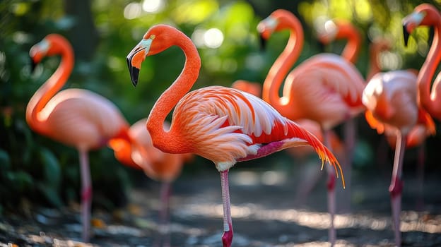 Pink flamingo is standing on one leg with other flamingos out of focus in the background