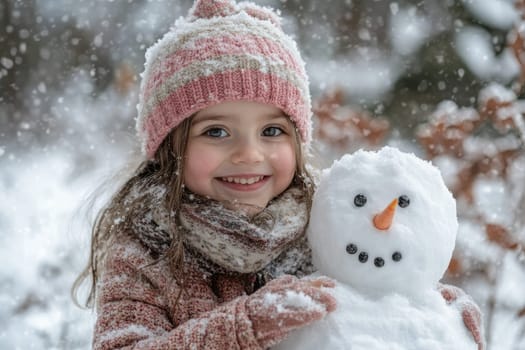 Cute little girl lying in the snow and hugging a snowman in a winter forest