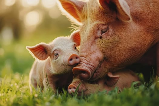 Sow is cuddling with her piglets in green grass on a farm at sunset