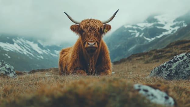 Majestic highland cow is resting in a lush green meadow, with the breathtaking scottish highlands providing a stunning backdrop