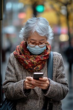 Senior woman wearing a protective face mask using a smartphone app while standing outdoors