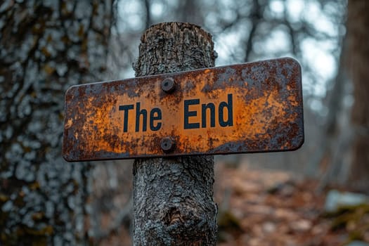 Rusty sign saying the end is nailed to a tree in the woods