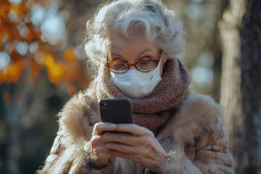 Elderly woman wearing a protective face mask is using her smartphone while enjoying a sunny day outdoors