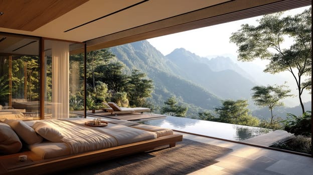 Luxurious bedroom with an open design overlooking a tropical forest and mountain range
