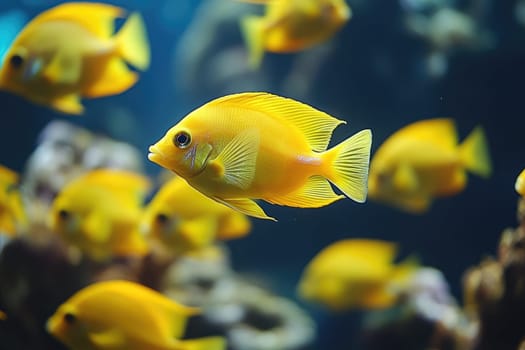 School of bright yellow tang fish swimming from left to right